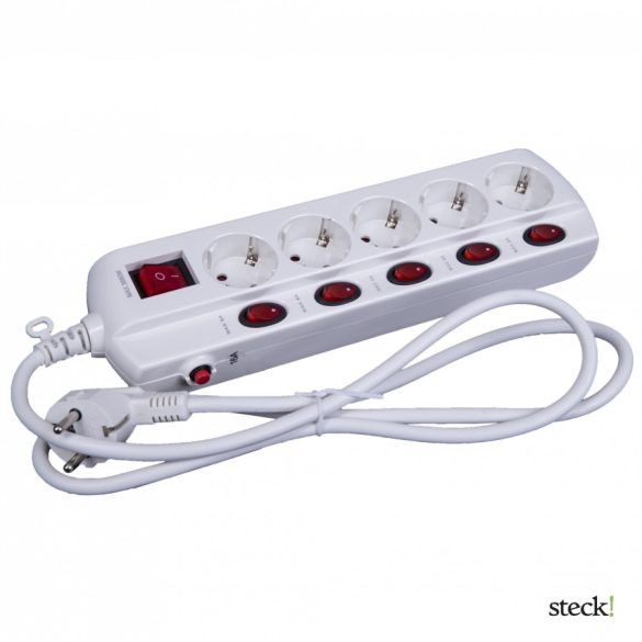 steck! Túláramvédős külön kapcsolható elosztó, 5 aljzat, 1,5 m