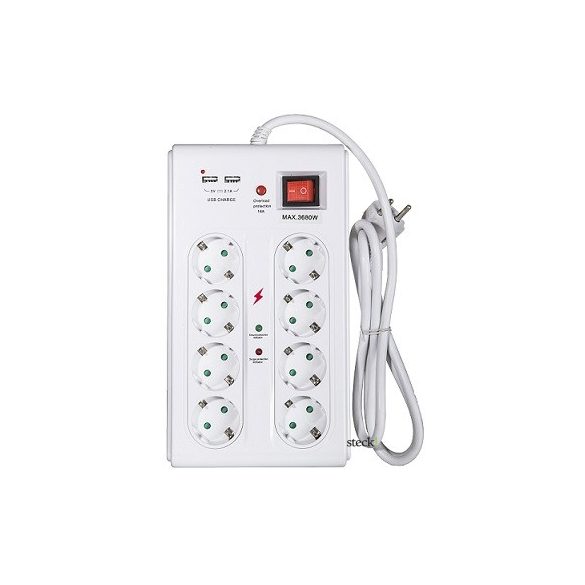 8-as földelt + 2 USB port elosztó főkapcsolóval, TÚLFESZÜLTSÉG- ÉS TÚLTERHELÉS ELLENI VÉDELEMMEL