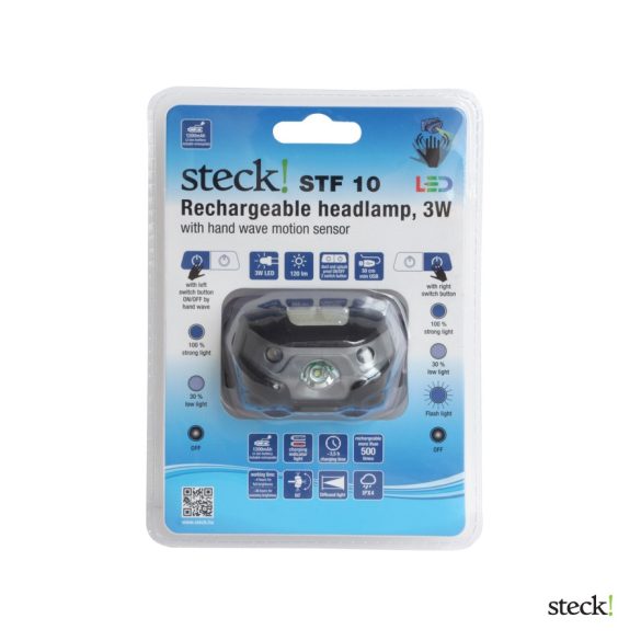 steck! Újratölthető fejlámpa, 3 W, kézmozgás érzékelővel